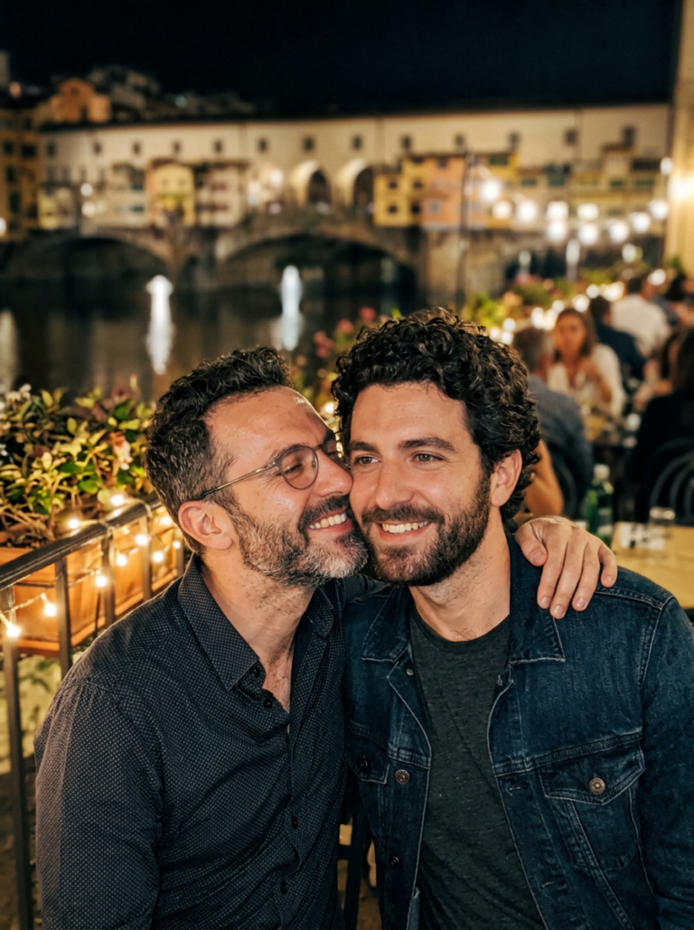 Immagine illustrativa generata con AI: Due uomini sul lungarno di Firenze