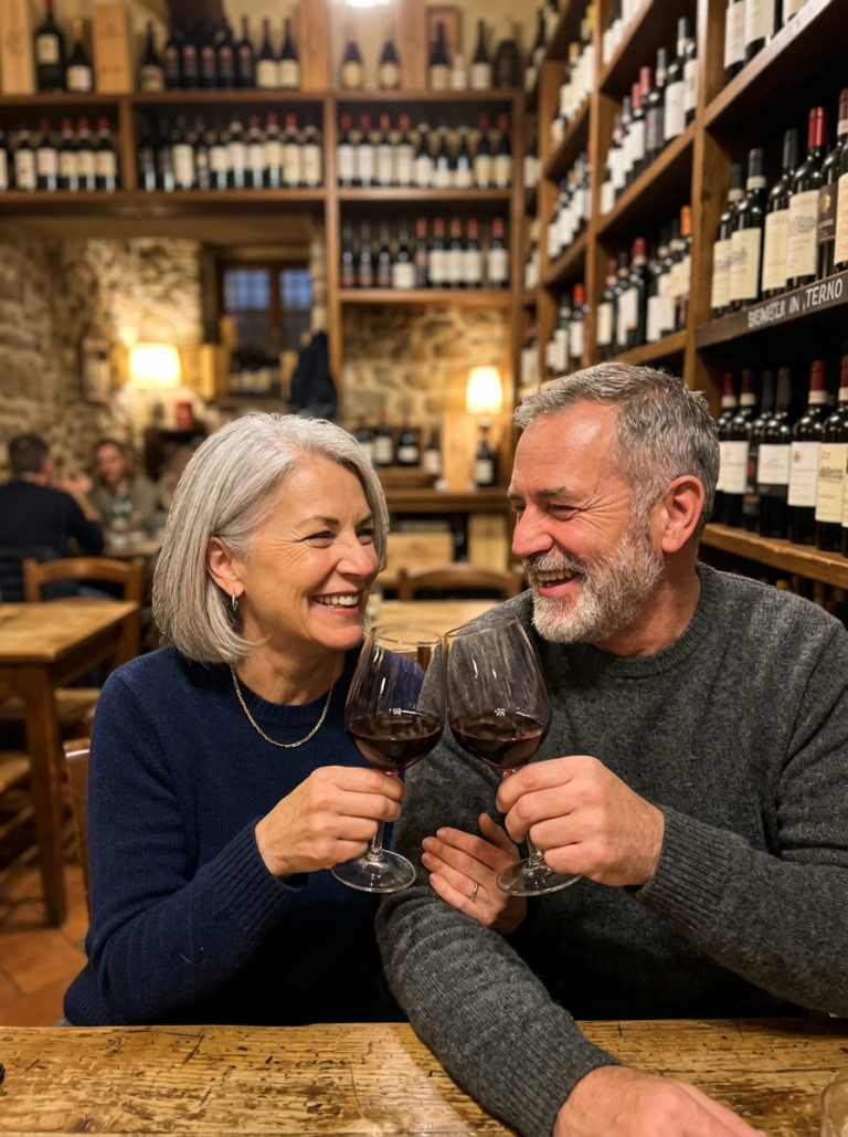 Immagine illustrativa generata con AI: Coppia che brinda in un’enoteca toscana